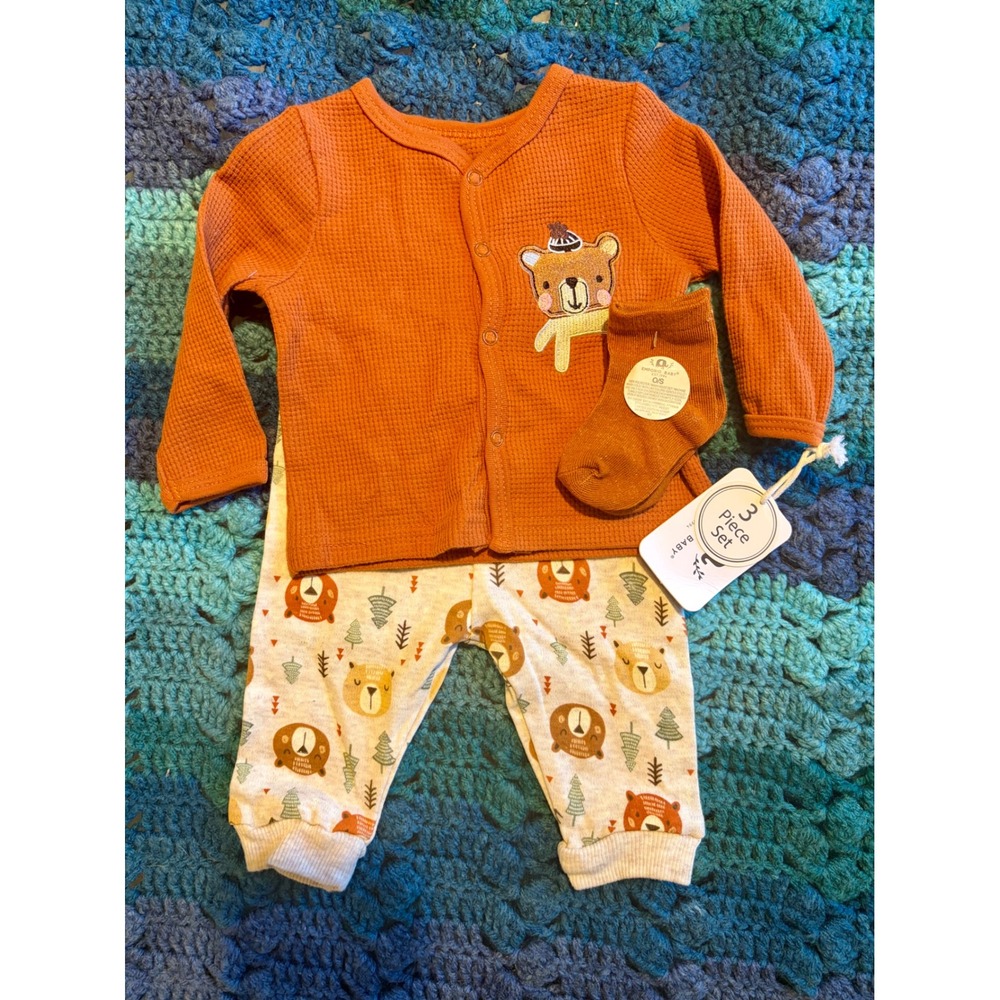 Emporio Baby 3 Piece Set Rust Waffle Knit Cardigan Bear Pants Socks 0-3M BE01575